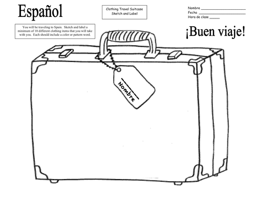 Spanish Clothing Travel Suitcase Sketch and Label and Vocabulary