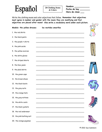 Spanish Clothing and Colors Worksheet - Noun and Adjective Agreement 