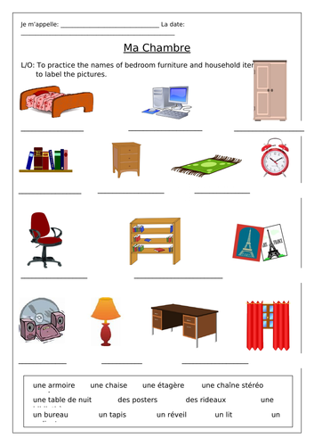 French My Bedroom Ma Chambre Worksheets