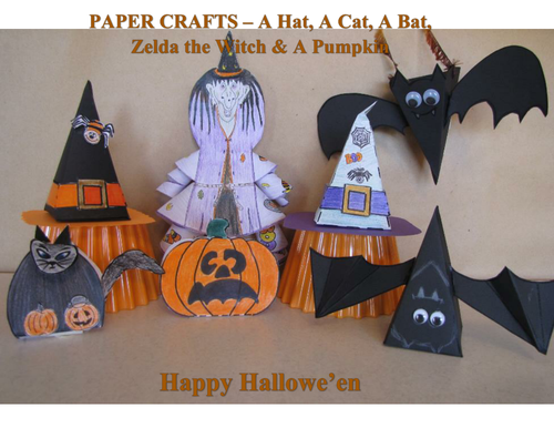 Hallowe'en Crafts - A Hat, A Cat, A Bat, a Pumpkin and Zelda the Witch (plus 3 cards)