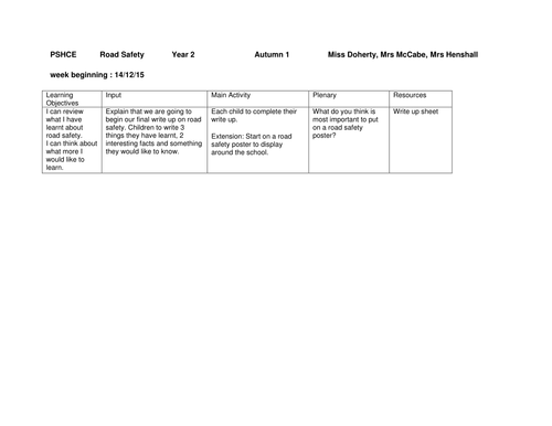 PSHCE Road Safety Unit of Work