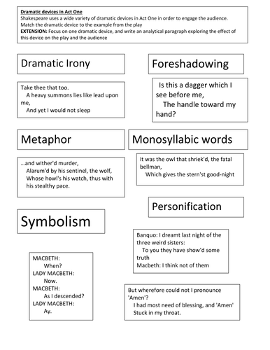 Macbeth: dramatic devices in Act One sorting activity