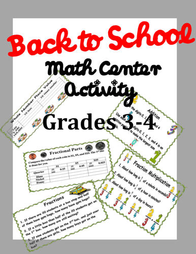 Back to School Math Center Activity-Grades 3-4