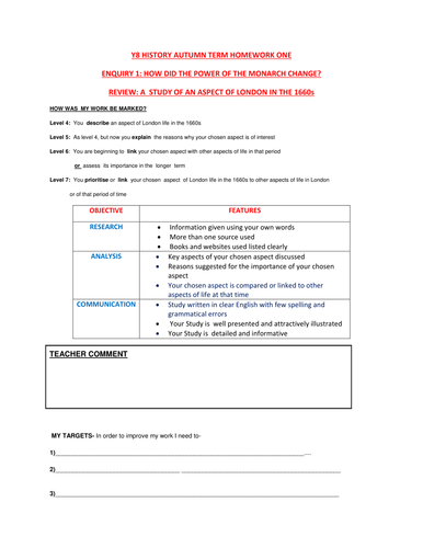 Y8 History Project Review Sheet | Teaching Resources