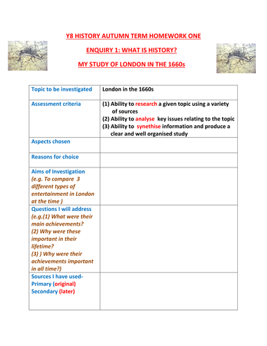 Y8 History Project planning sheet