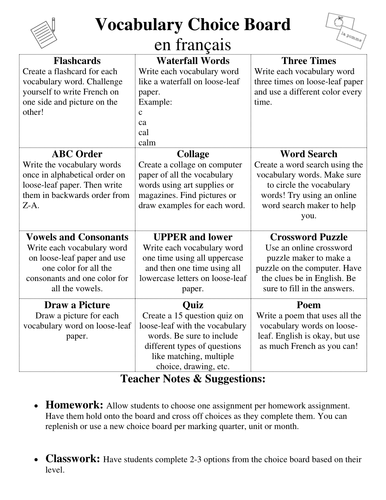 French Vocabulary Choice Board