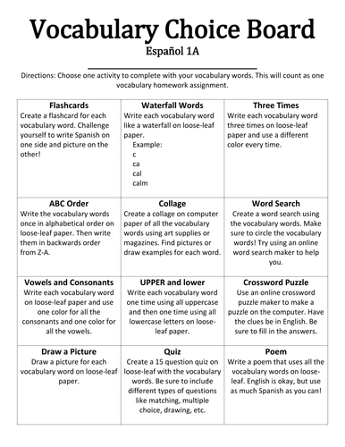 Spanish Vocabulary Homework Choice Board