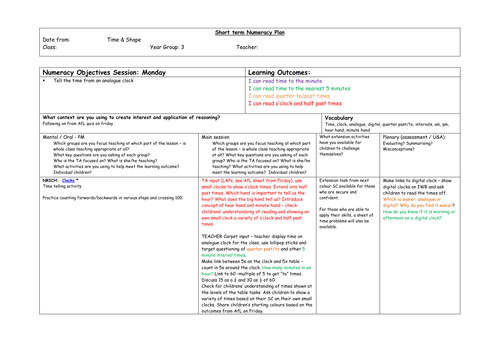 Time and Shape Year 3  weekly plan