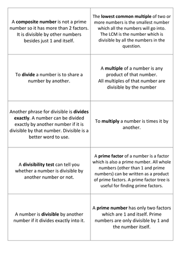 Divisibility Key Words & Glossary Card Match Exercise