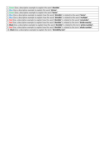 Divisibility Keywords Glossary Questions WS