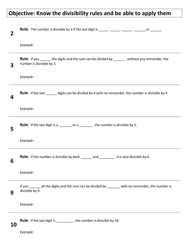 Divisibility Rules Fill in the Blanks Cloze Worksheet