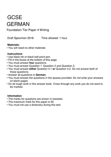 GCSE GERMAN - New AQA 2018 specification GCSE-style Foundation Writing Paper on topic of Holidays