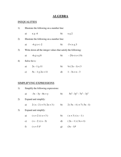 Solving Inequalities, Simplifying Algebra and Expanding Brackets Homework/Assessments