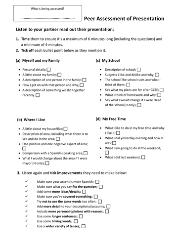 Speaking Controlled Assessment Peer Assessment and Next Steps Sheet