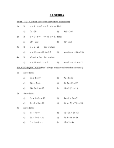 Equations, substitution, nth terms, sim eqns homworks or assessments