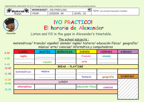 SPANISH-AT-SCHOOL-Y5-Y6: My school timetable/ My school subjects/ My school stationery