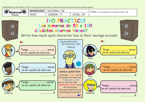 SPANISH - AT SCHOOL  - Y5-Y6: Adding numbers/ Counting up to 100/ My savings account