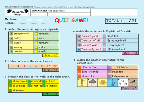 SPANISH-ASSESSMENT-QUIZ-TEST-Y3/4: Unit 2: AT-SCHOOL: Colours/ Stationery/ Weather/ Numbers/Family