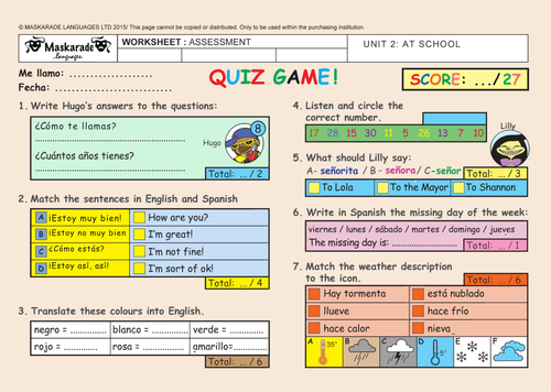 SPANISH-ASSESSMENT-QUIZ-TEST-Y4-Y5-UNIT 2: AT SCHOOL: Colours/ Family/ Stationery/ Weather/Numbers