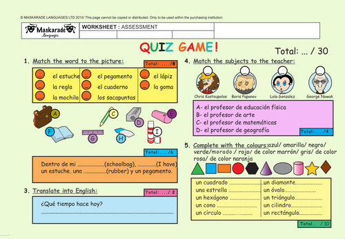 SPANISH-ASSESSMENT-QUIZ-TEST-Y5-Y6-UNIT 2: AT SCHOOL: Colours/Shapes/Stationery/Numbers/Family tree