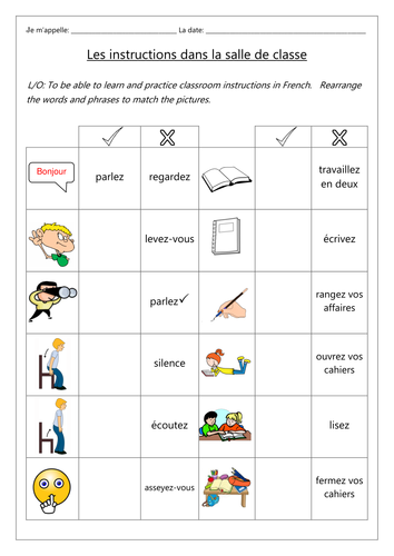 FRENCH - Classroom Instructions - Les Instructions de la Classe - Worksheets