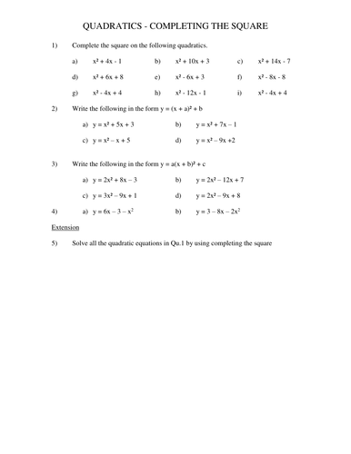 Complete the Square Worksheet | Teaching Resources