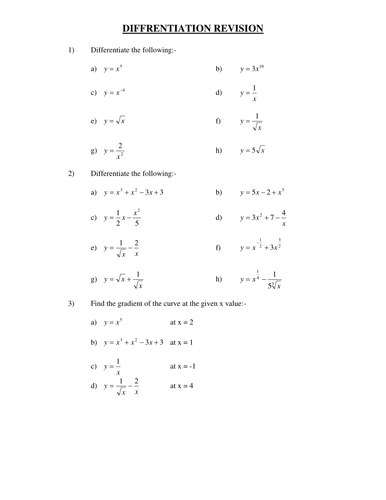 Differentiation Worksheets - CORE 1 Level