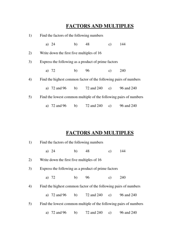 Factors and Multiples Selection
