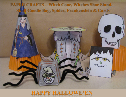Hallowe'en Crafts - Witch, Witch Shoe Stand, Goodie Bag, Spider, Frankie & Cards