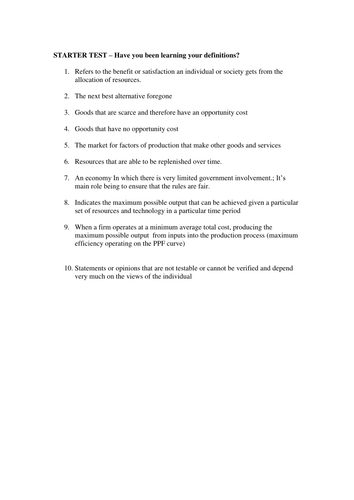 1.4 STARTER TEST – Have you been learning your definitions (Chapter1) - lesson 4