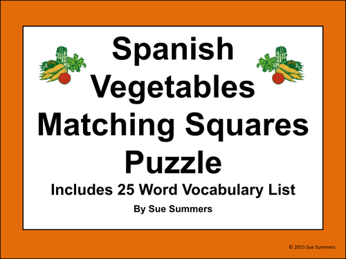 Spanish Vegetables Vocabulary 4 x 4 Matching Squares Puzzle