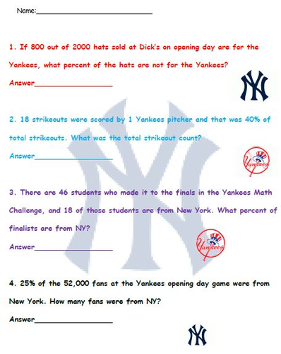 Yankees Baseball-Fractions, Decimals, & Percents