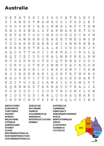 Australia Word Search and Map Color