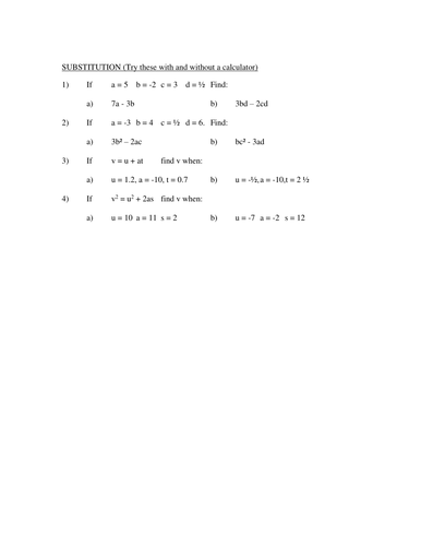 Substitution into Formulae Homework