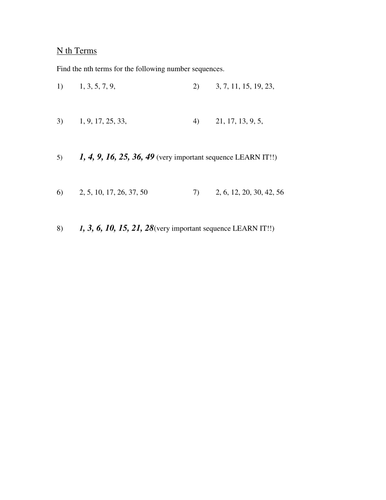 Nth Terms of a Sequence Homework | Teaching Resources