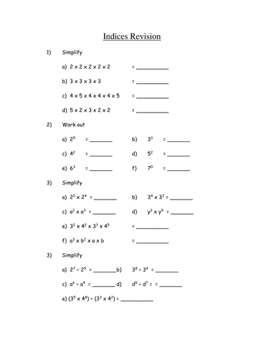 Basic Laws of Indices Homework