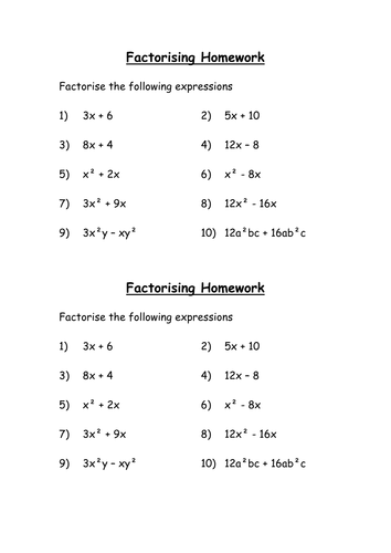 Common Factor Factorising Homework