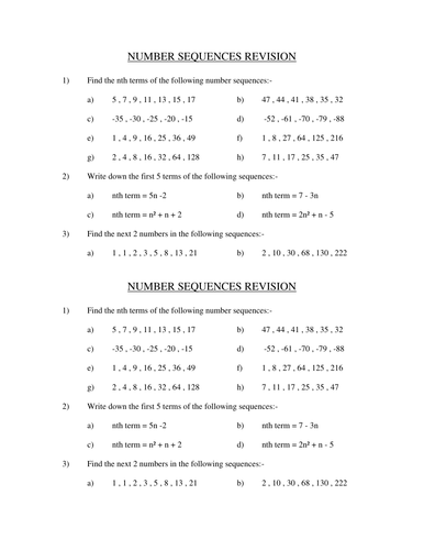 Nth Terms and Sequences Revision Homework