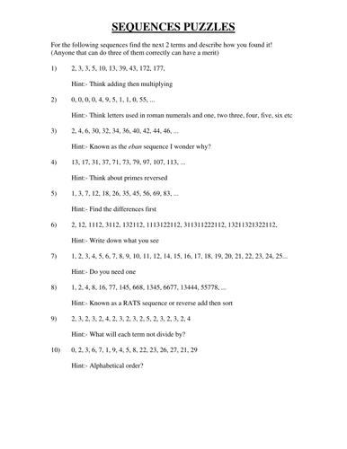 Complex Sequence Puzzle Sheet Ideal for Homework