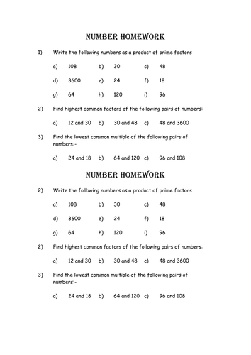 HCF, LCM and Prime Factor Homework