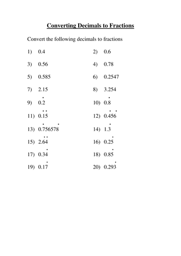 Converting Decimals to Fractions Homework including Recurring Decimal