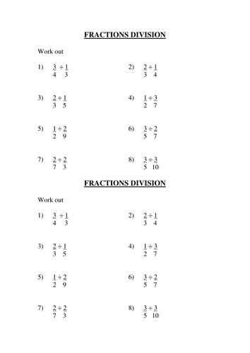 basic fraction division homework teaching resources