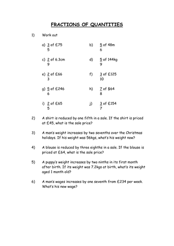 Fractions of Quantities Homework - Non Calculator