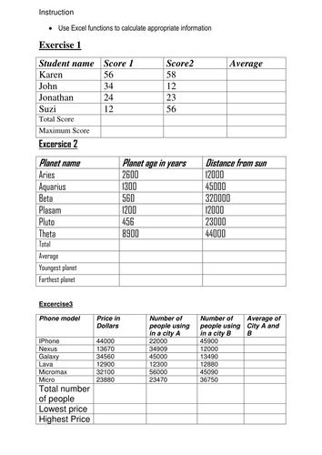 excel worksheet teaching resources