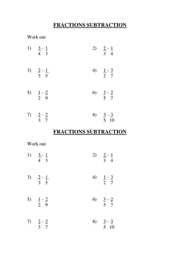 Fraction Subtraction Homework - Different Denominators and Numerators ...