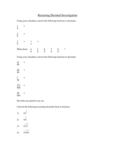 Converting Fractions to Recurring Decimals Homework Activity