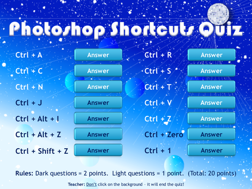 Photoshop Keyboard Shortcuts Quiz - Starter Activity (copy, paste, transform, select, layers, zoom)