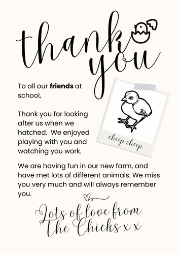 Chick Farewell Letter- hatching chicks in class project resource