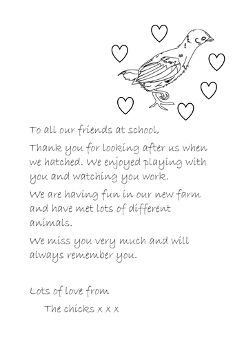 Chick Farewell Letter- hatching chicks in class project resource