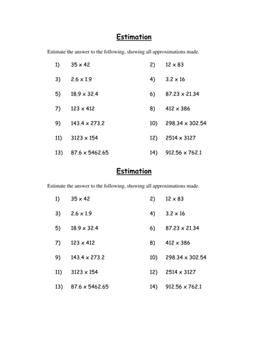 Basic Estimation Involving Multiplication Worksheet Teaching Resources